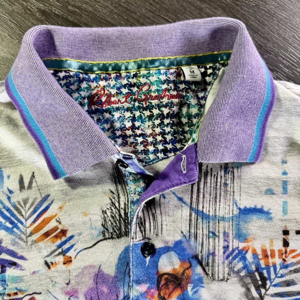 Robert Graham Polo Shirt Mens M Gray Striped Abstract Floral Art Casual Preppy - Picture 3 of 6